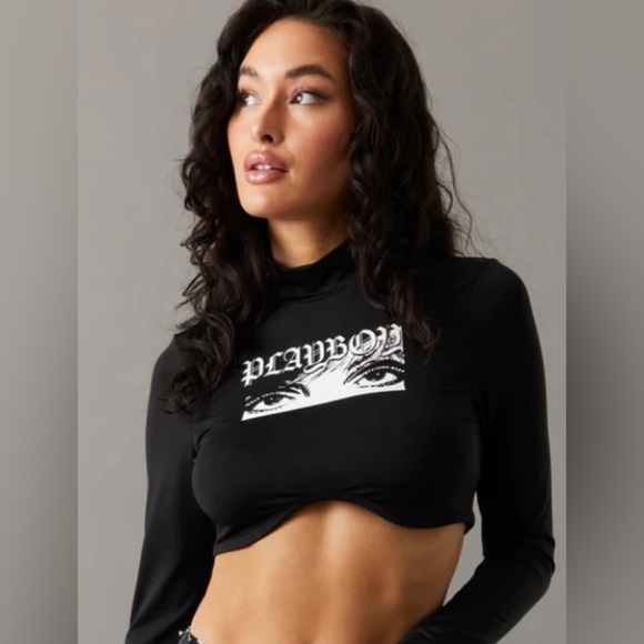 Brand NEW Black cropped Playboy Eyes Graphic Long Sleeve Bustier Top new shirt - Picture 3 of 7